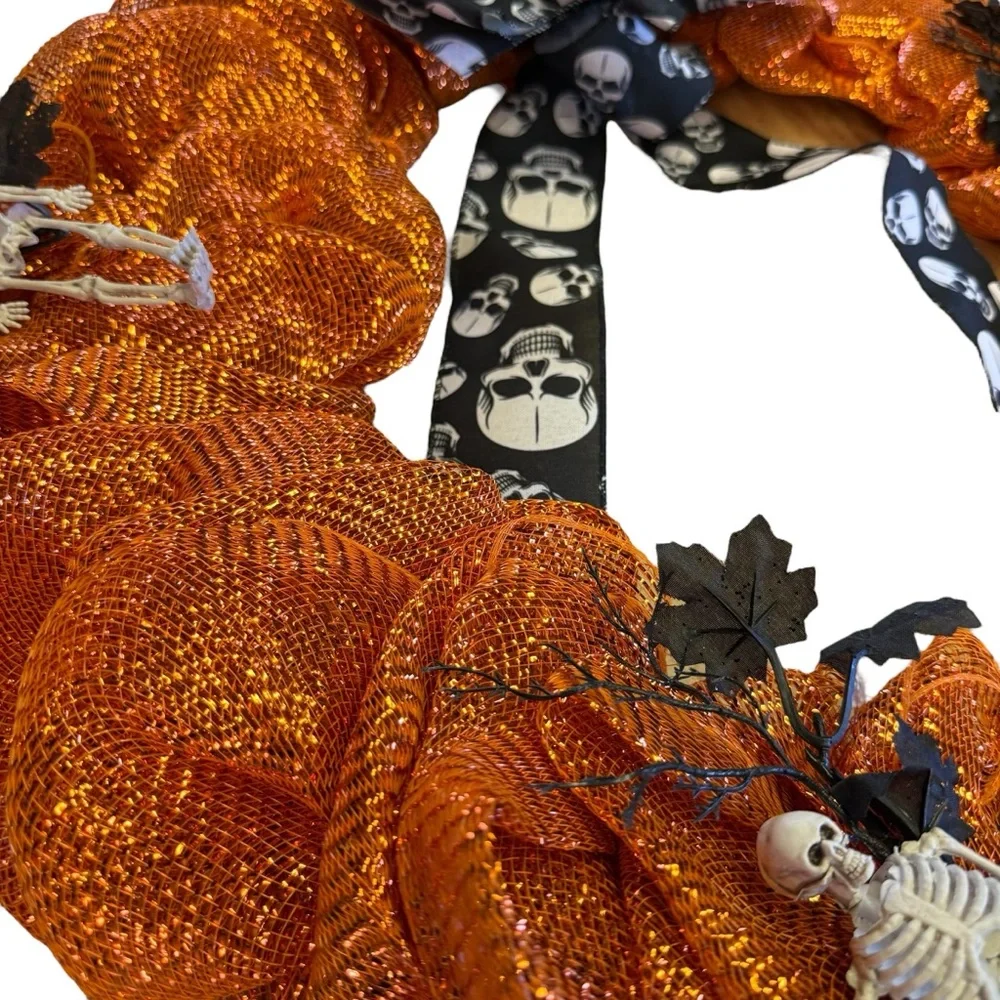 Halloween Orange Deco Mesh Wreath with Skull Ribbon – 24″